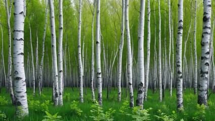 Poster - Vibrant springtime birch forest with lush green foliage creating a serene and refreshing natural background for various uses.
