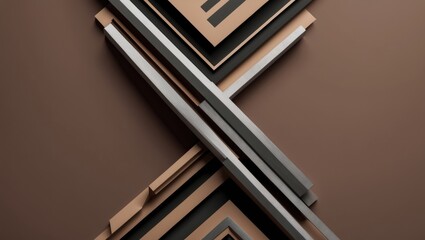 Poster - Abstract geometric composition with black and gray lines intersecting on a warm brown textured background featuring layered metal products.