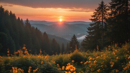 Poster - Majestic sunrise over the Black Forest with vibrant flowers and towering trees in a serene landscape setting.
