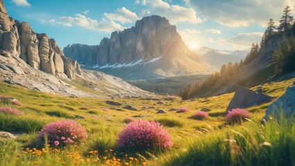 Poster - Scenic Alpine Landscape with Majestic Mountains and Vibrant Wildflowers Under a Sunny Sky in a Serene Natural Setting.