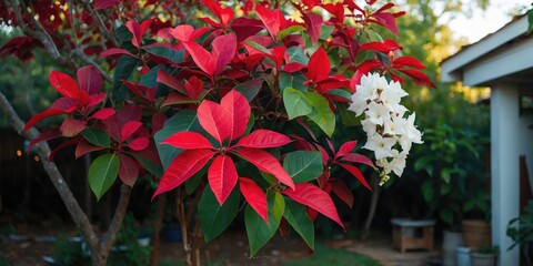 Poster - Vibrant Bougainvillea Tree Featuring Red and Green Leaves with White Blossoms in a Serene Yard Setting and Space for Text Overlay