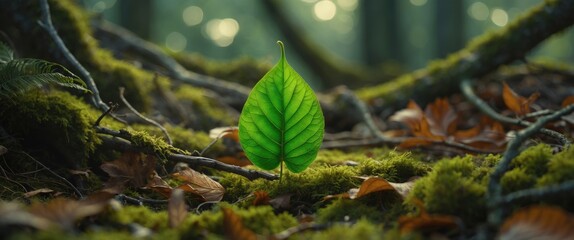 Poster - Vibrant green leaf on forest floor surrounded by earthy elements showcasing seasonal change and natural beauty in serene woodland setting.