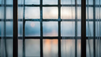 Poster - Frosted glass backdrop with blurred window grid pattern and soft atmospheric lighting creating a serene ambiance indoors.
