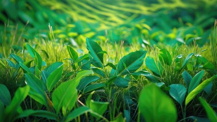 Poster - Lush green foliage and grass background creating a vibrant and fresh natural scene for various applications.