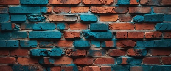 Poster - Vibrant textured brick wall with rustic hues of red and blue showcasing unique patterns and weathered details perfect for design backgrounds.
