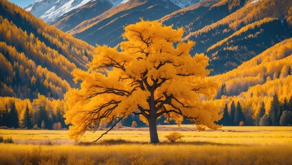 Poster - Vibrant autumn larch tree in yellow foliage against a backdrop of mountains and forest landscape illuminating the beauty of fall season.