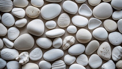 Poster - White pebbles arranged aesthetically on a neutral background ideal for use in design and decoration projects.