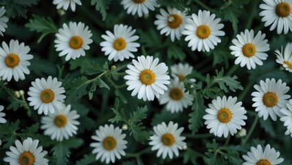 Poster - Field of white daisies surrounded by lush green leaves creating a vibrant natural background perfect for floral themes and design.