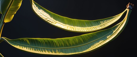Poster - Vibrant banana leaves with backlighting on a black background showcasing the intricate textures and hues of nature's design