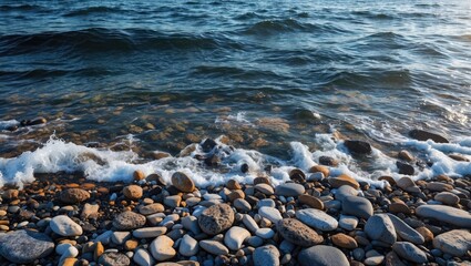 Poster - pebble beach shoreline at the black sea with gentle waves lapping over smooth stones during daylight