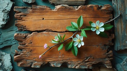 Poster - Aged wooden board background with flowering twig for rustic design. Perfect for nature-themed projects, layouts, and copy space.