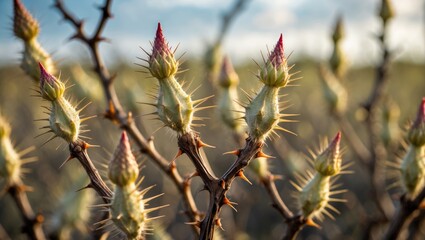 Poster - Vibrant thorny plants in a field showcasing nature's resilience and beauty against a soft blurred backdrop of sky and land.