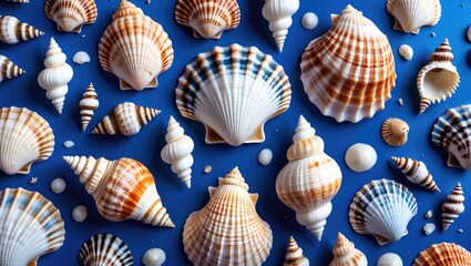 Poster - Colorful assortment of sea shells arranged on a vibrant blue background showcasing diverse shapes and textures ideal for beach-themed designs.