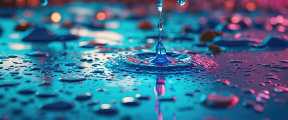 Poster - Closeup of vibrant blue water droplets creating ripples on a reflective surface with colorful bokeh lights in the background