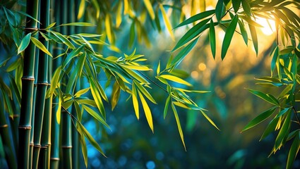 Poster - Lush green bamboo leaves illuminated by soft sunlight creating a serene and tranquil natural background for design or meditation themes.