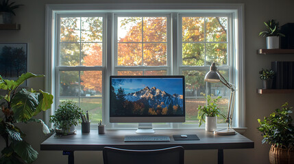 Poster - Cozy and Efficient Home Office Setup with Desk Computer and Bright Natural Light Streaming In Through a Large Window  The Perfect Workspace for Productive Remote Work or Study