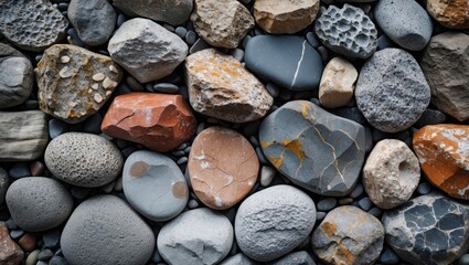 Poster - Colorful collection of assorted stones with diverse textures and patterns suitable for backgrounds and artistic projects.