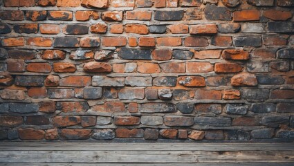 Poster - Vintage brick wall background with rustic stone textures and wooden flooring ideal for atmospheric design and creative projects.
