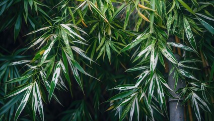 Poster - Vibrant bamboo leaves with green and white markings showcased from a top view on a dark background for nature and botanical designs.