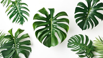 Poster - Tropical Monstera leaves collection isolated on white background ideal for design projects and botanical themes, showcasing unique textures and shapes