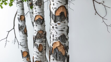 Poster - Birch tree trunks with distinctive bark patterns and natural textures on a bright white background