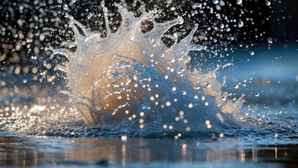Poster - Dynamic water splash captured in motion with glistening droplets creating an artistic and vibrant background for creative projects.