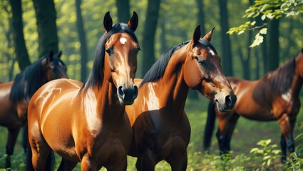 Poster - Groomed Horses in Serene Forest Setting with Lush Greenery and Natural Light Perfect for Text Overlay and Nature-Themed Content