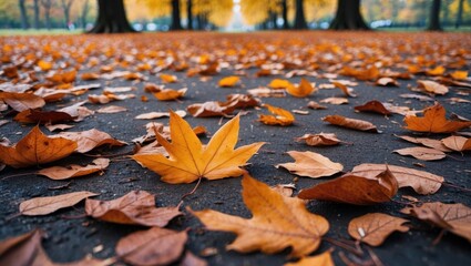 Poster - Autumn leaves scattered on park ground showcasing rich fall colors and tranquil natural beauty in a serene outdoor setting.
