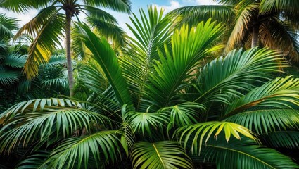 Poster - Lush tropical palm leaves displaying vibrant green hues in a serene natural setting under a bright blue sky. Perfect for nature themes.