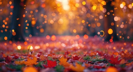 Poster - Vibrant autumn bokeh background featuring colorful leaves and soft glowing lights in a serene forest setting