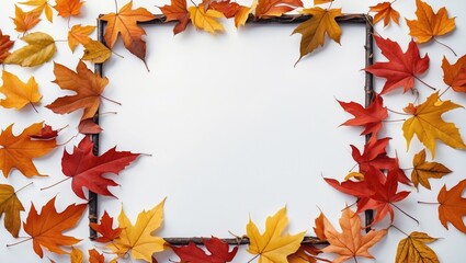 Poster - Autumn leaves frame with blank white space for text on a clean white background ideal for seasonal designs and cozy invitations