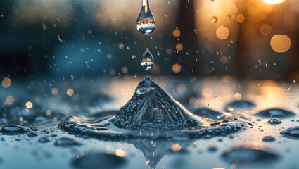 Poster - Close-up of water droplets on glass surface creating a beautiful abstract background with reflections and bokeh effects.