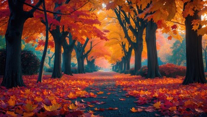 Poster - Vibrant autumn scenery with colorful fall leaves covering trees and pathways creating a picturesque seasonal landscape in nature.