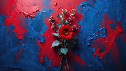 Poster - Abstract red and blue background with bouquet of flowers at center creating vibrant artistic contrast and emotional visual appeal