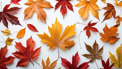 Poster - Autumn leaves arrangement on white background highlighting vibrant fall colors with ample space for text or design elements.