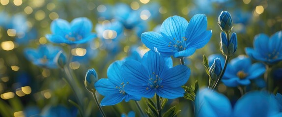 Poster - Delicate blue flowers in a soft focus background with a dreamy bokeh effect creating a serene and tranquil atmosphere.
