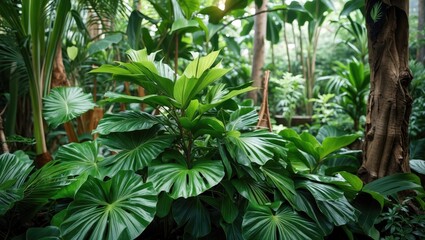 Poster - Lush green foliage in a tropical botanical garden showcasing diverse plant life and vibrant natural background elements.