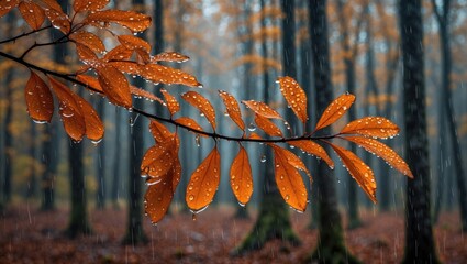 Wall Mural - Glistening beech leaves adorned with raindrops in a tranquil forest during the rainy season showcasing nature's beauty and serenity.