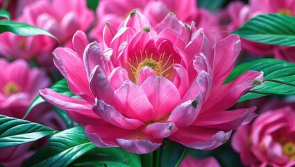 Poster - Vibrant pink lotus flower in full bloom surrounded by lush green leaves showcasing natural beauty and tranquil atmosphere.