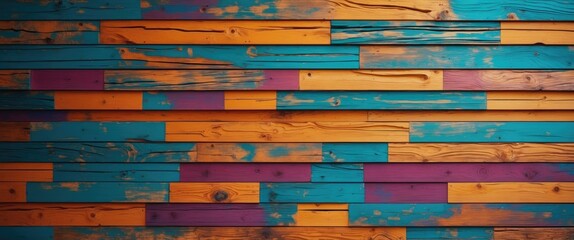 Poster - Colorful wooden plank wall background with varying shades of blue, orange, and purple in a rustic design
