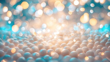 Poster - Abstract blurred background with soft bokeh lights and white spheres on a turquoise backdrop creating a dreamy atmosphere