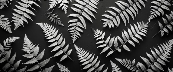 Poster - Monochrome arrangement of fern leaves on a dark background ideal for nature-inspired designs and artistic decor concepts