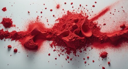 Poster - Red powder spread on a white surface with scattered particles and smooth scoops creating an abstract texture and color contrast.