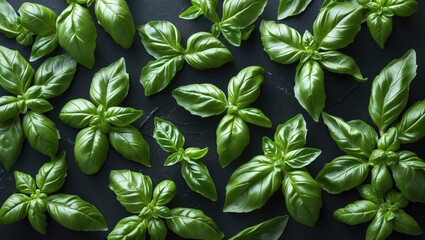 Poster - Fresh green basil leaves arranged artistically on a dark background showcasing their vibrant color and texture for culinary or design use.