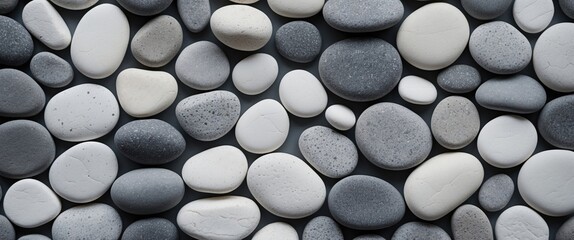 Poster - Gray and white smooth pebbles arranged closely on a dark surface creating a natural stone background texture