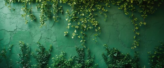 Poster - Lush green textured wall with hanging vines and foliage creating a natural serene atmosphere for backgrounds or interior design projects