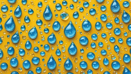 Poster - Close-up of various blue water droplets on a vibrant yellow surface creating a textured pattern