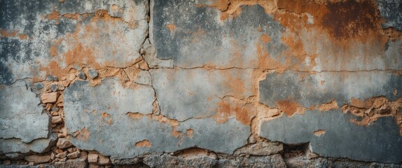 Poster - Textured old wall with peeling paint and cracks revealing underlying materials in shades of gray and brown