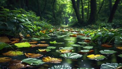 Wall Mural - Tranquil forest scene with damp leaves floating on calm water reflecting lush greenery and soft sunlight. Nature's serenity captured perfectly.