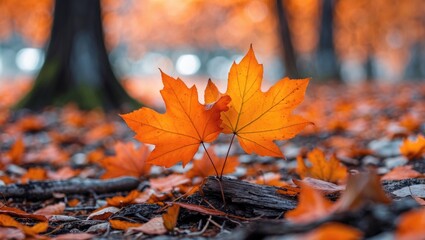 Poster - Vibrant autumn orange leaves with a blurred background creating a serene nature scene in fall foliage highlighting seasonal beauty.